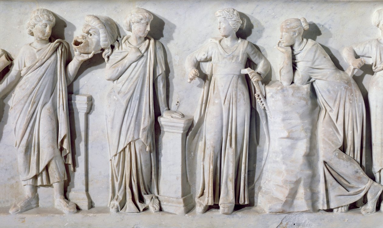 Sarcophage des Muses, détail de Thalia, Erato, Euterpe et Polyhymnia, c.160 apr. J.-C. - Roman