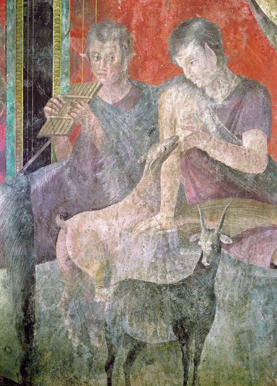 Satyre jouant de la flûte de Pan et nymphe allaitant une chèvre, 60-50 av. J.-C. - Roman