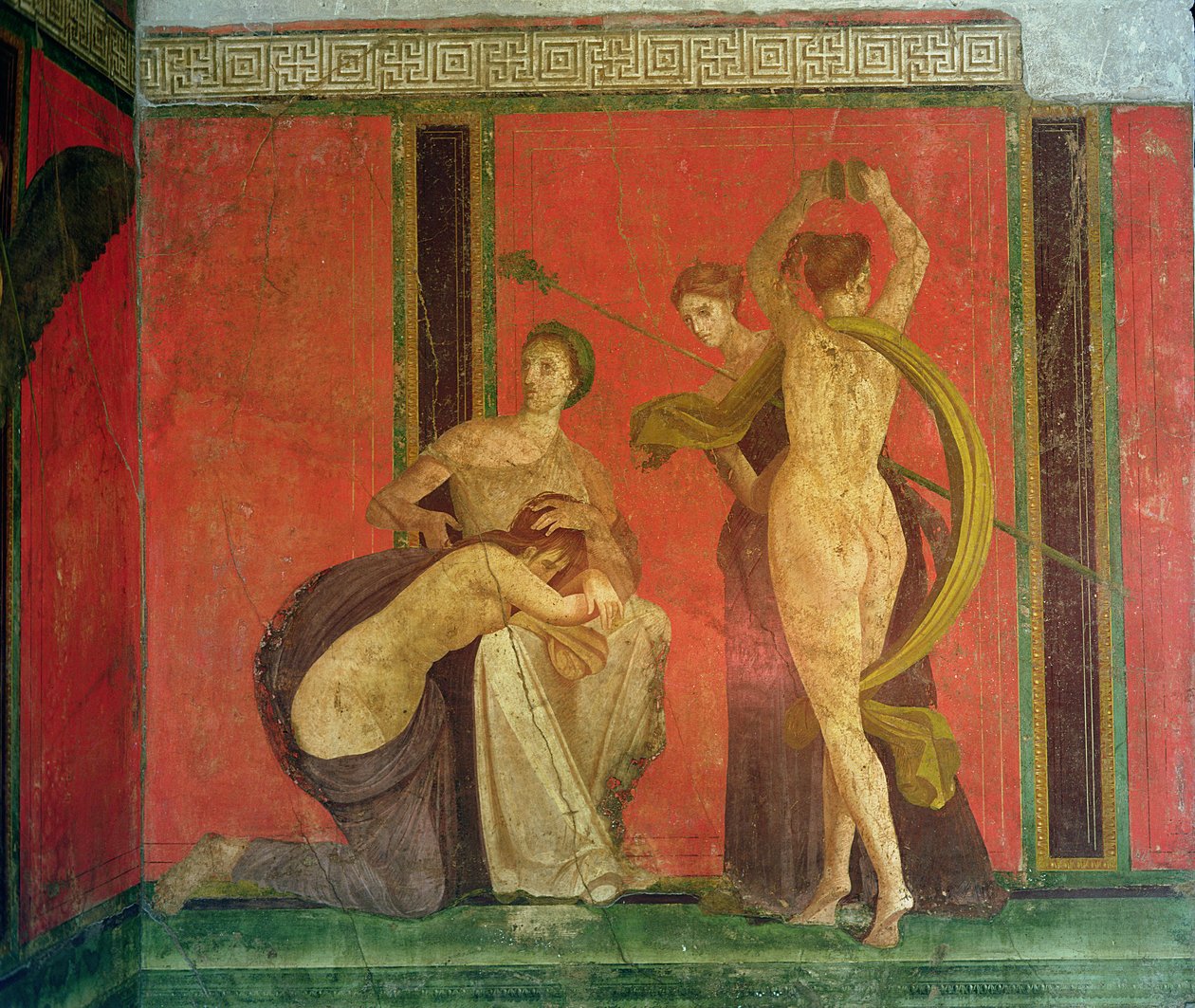 Femme flagellée et danseuse avec cymbales, mur sud, Oecus 5, deuxième style pompéien - Roman