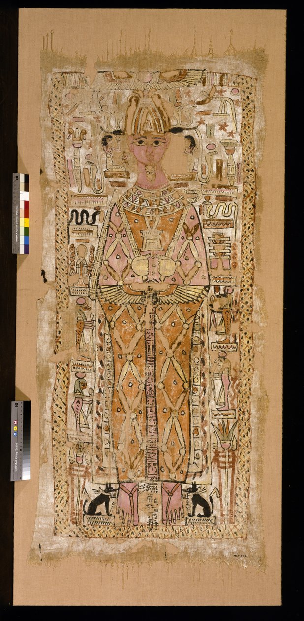 Linceul représentant le défunt, un homme nommé Nespatawi, en Osiris, flanqué de dieux et de symboles - Roman