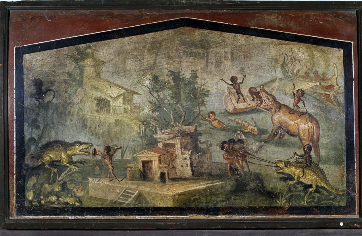 "Pygmées chassant des crocodiles et des éléphants" de Pompéi - Roman
