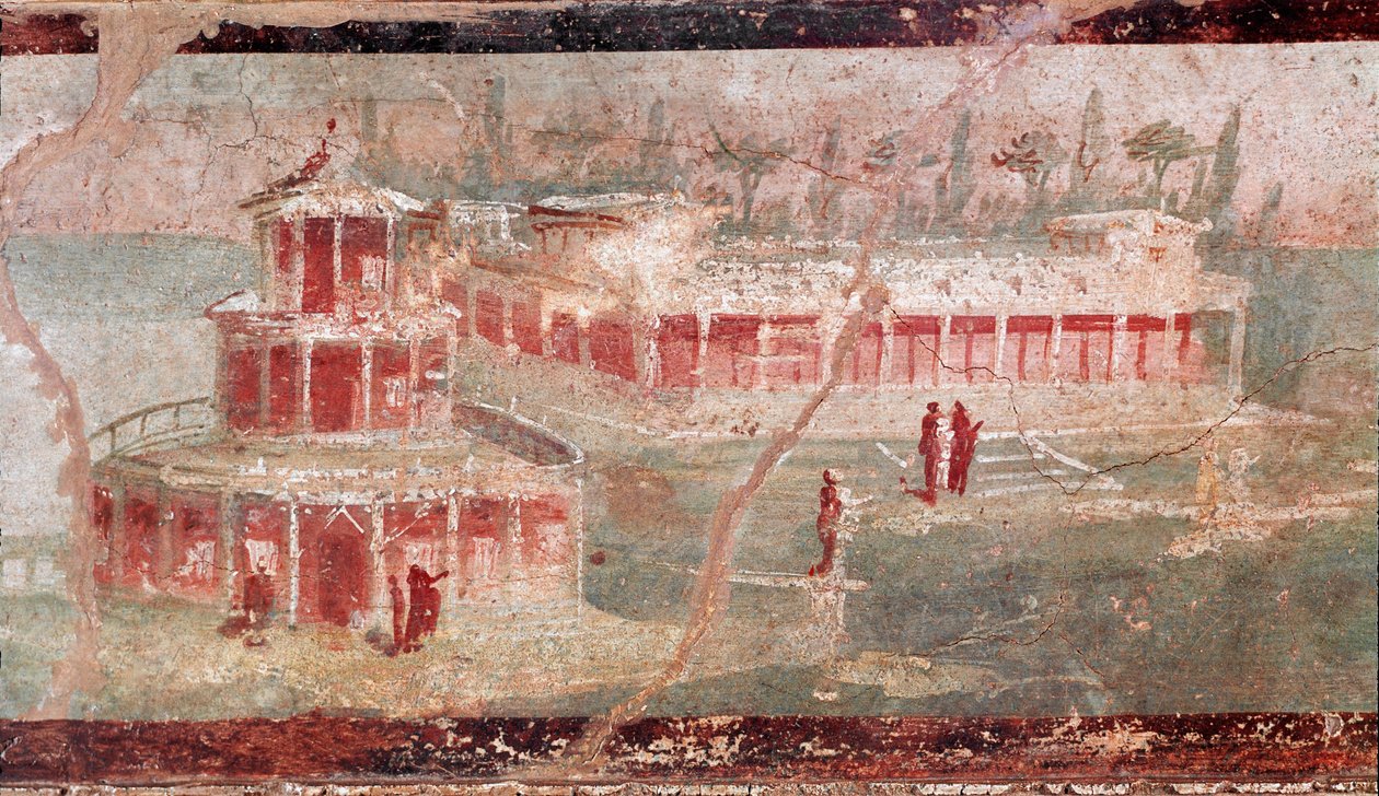 Paysage fluvial avec portique, détail (fresque) - Roman