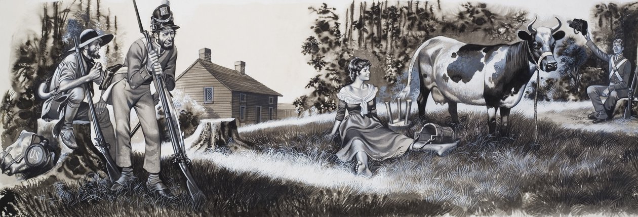 Laitière avec soldats (gouache sur papier) - Ron Embleton