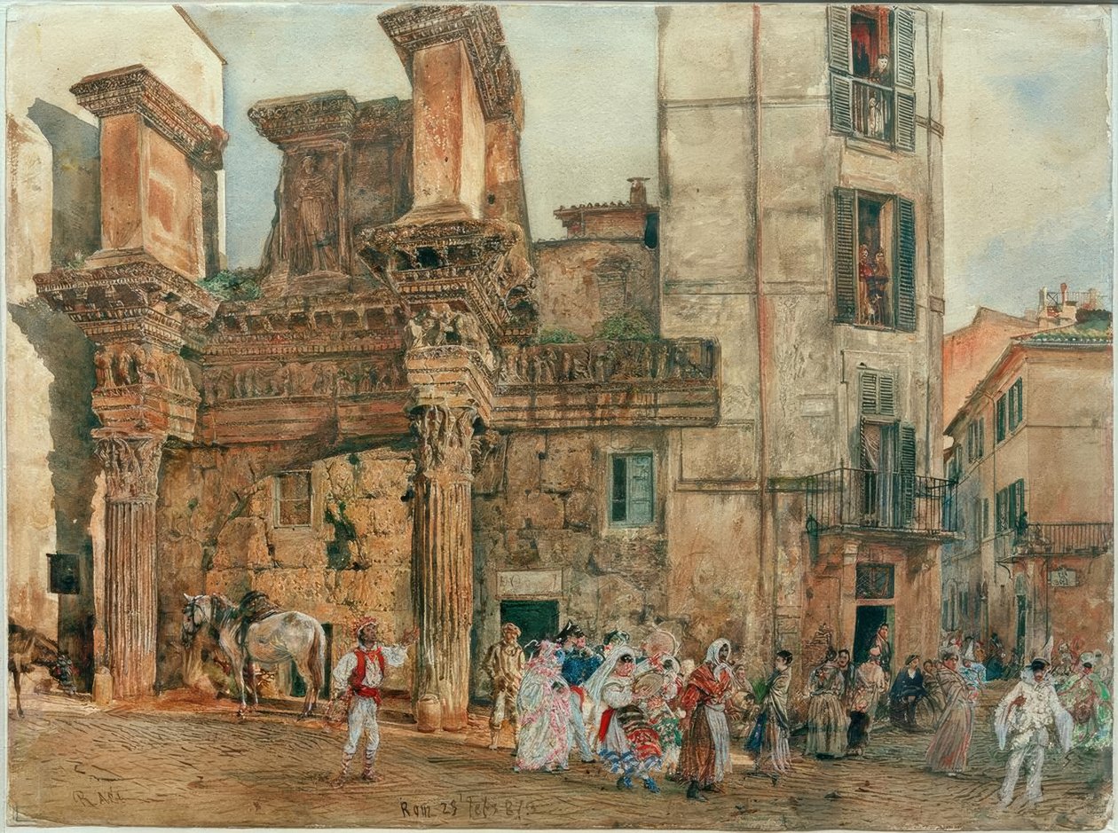Le portique fictif du forum de Nerva à Rome avec scène de carnaval - Rudolf von Alt