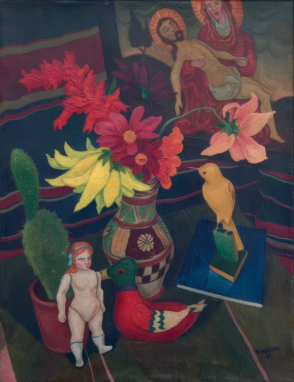 Nature morte avec poupée nue, cactus et image de Pietà - Rudolf Wacker