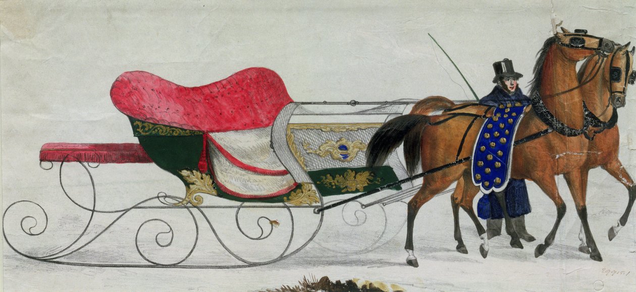 Traîneau tiré par des chevaux (détail numérique) - Russian School