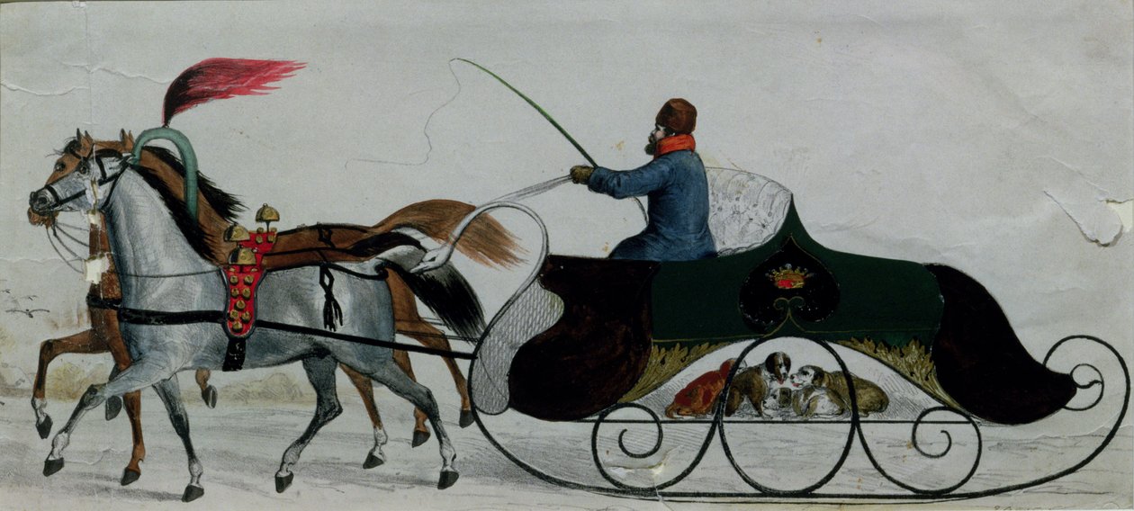 Traîneau tiré par des chevaux (détail) - Russian School