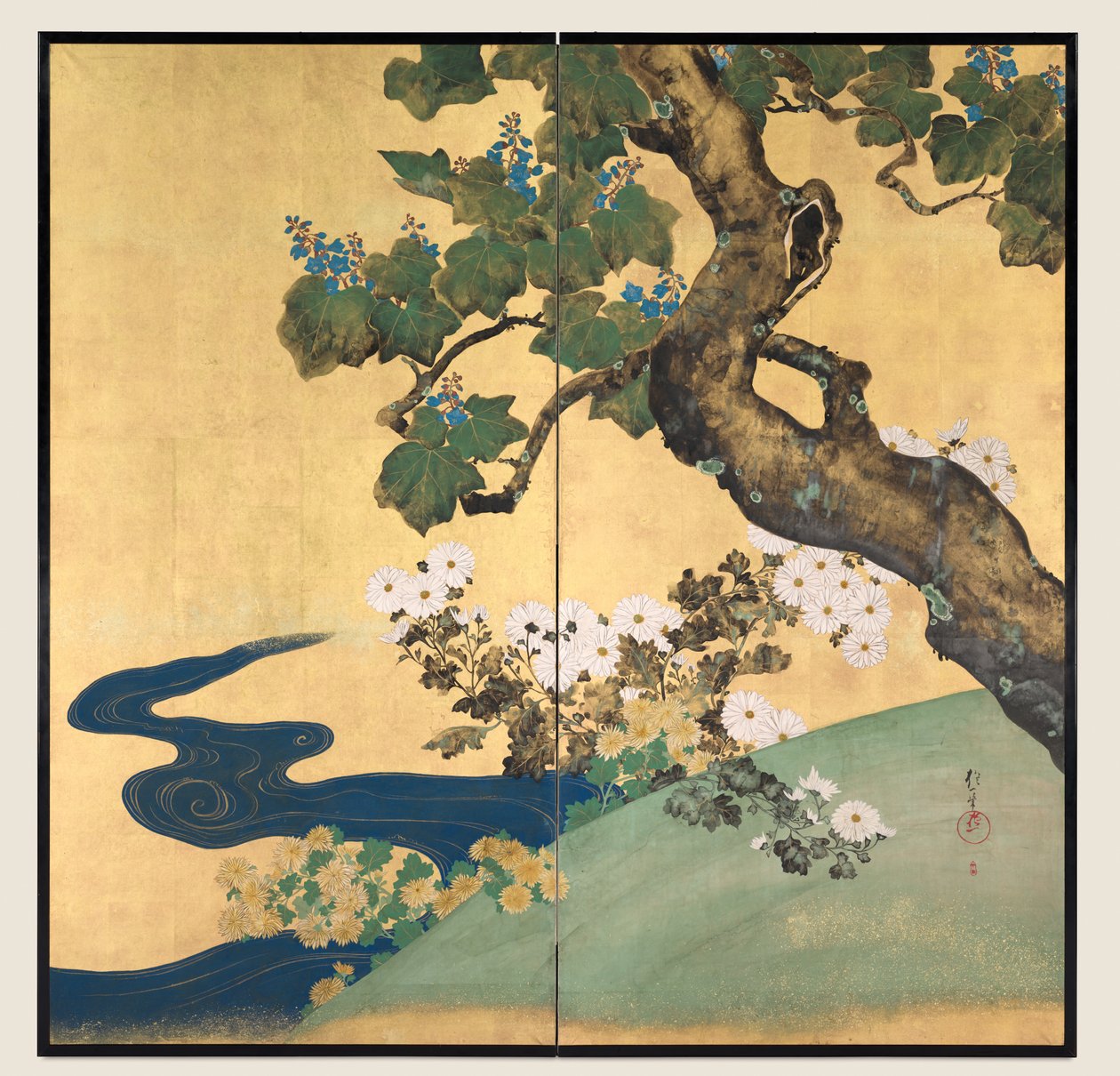 Paulownias et chrysanthèmes, fin 1700s-début 1800s - Sakai Hoitsu