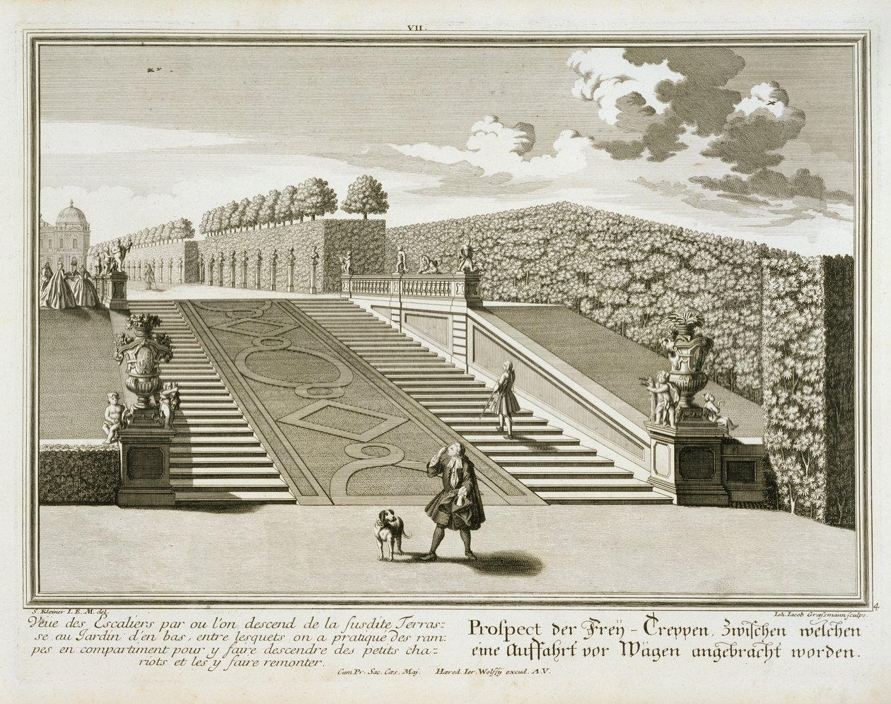 Marches vers la terrasse du jardin, Palais du Belvédère, Vienne, gravé par Johann Jacob Grossmann, publié vers 1730-40 - Salomon Kleiner