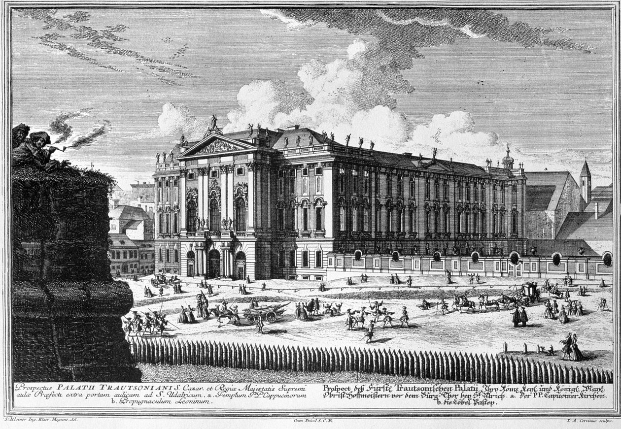 Vue du palais Trautson construit pour le comte Johann Leopold Donat Trautson, conçu par Johann Bernard Fischer von Erlach (1656-1723) en 1710, gravé par Johann-August Corvinus (1683-1738) - Salomon Kleiner