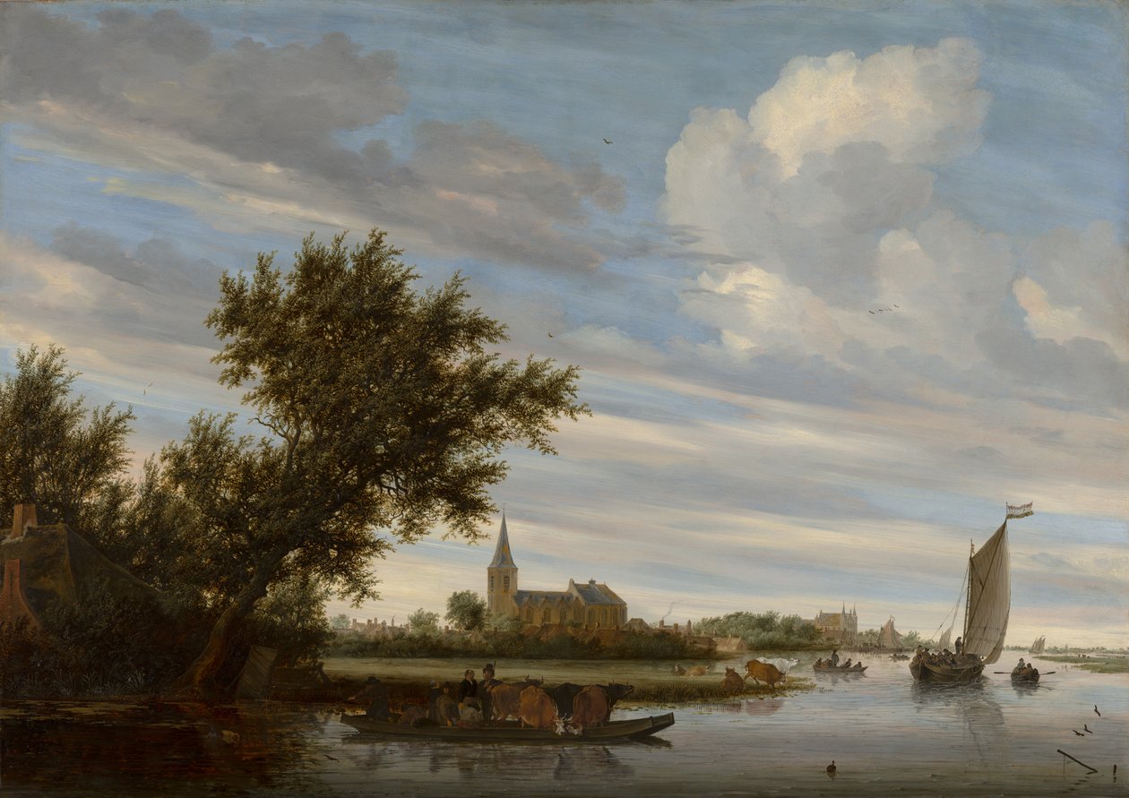 Vue de rivière avec église et ferry - Salomon van Ruisdael or Ruysdael