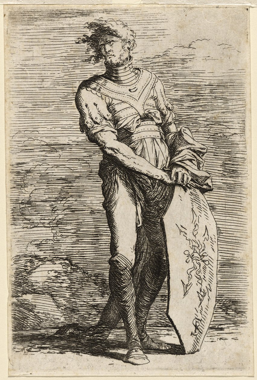 Un guerrier debout tenant un bouclier octogonal allongé - Salvator Rosa