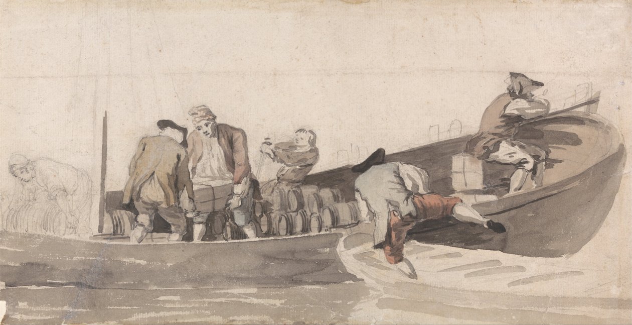 Hommes chargeant un bateau avec des barils - Samuel Scott