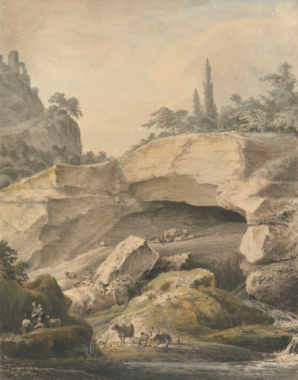 Paysage rocheux avec paysans et bétail - Samuel Hieronymus Grimm
