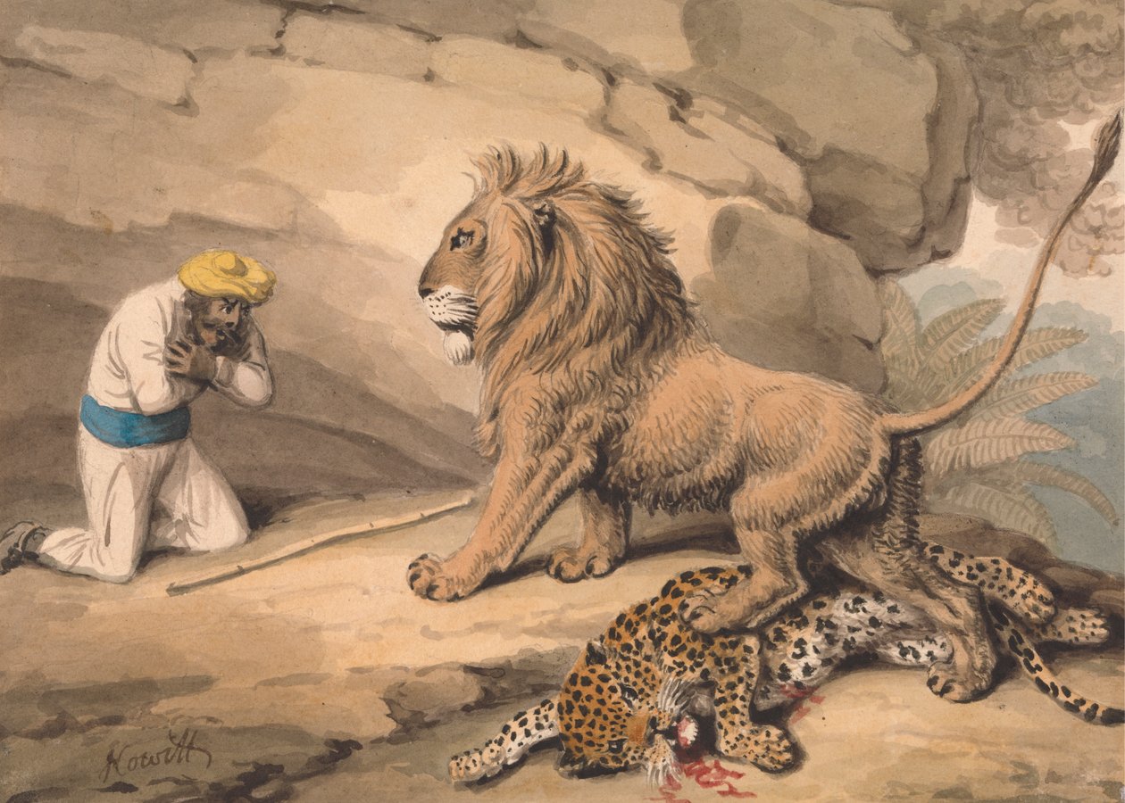 Lion debout sur un léopard blessé - Samuel Howitt