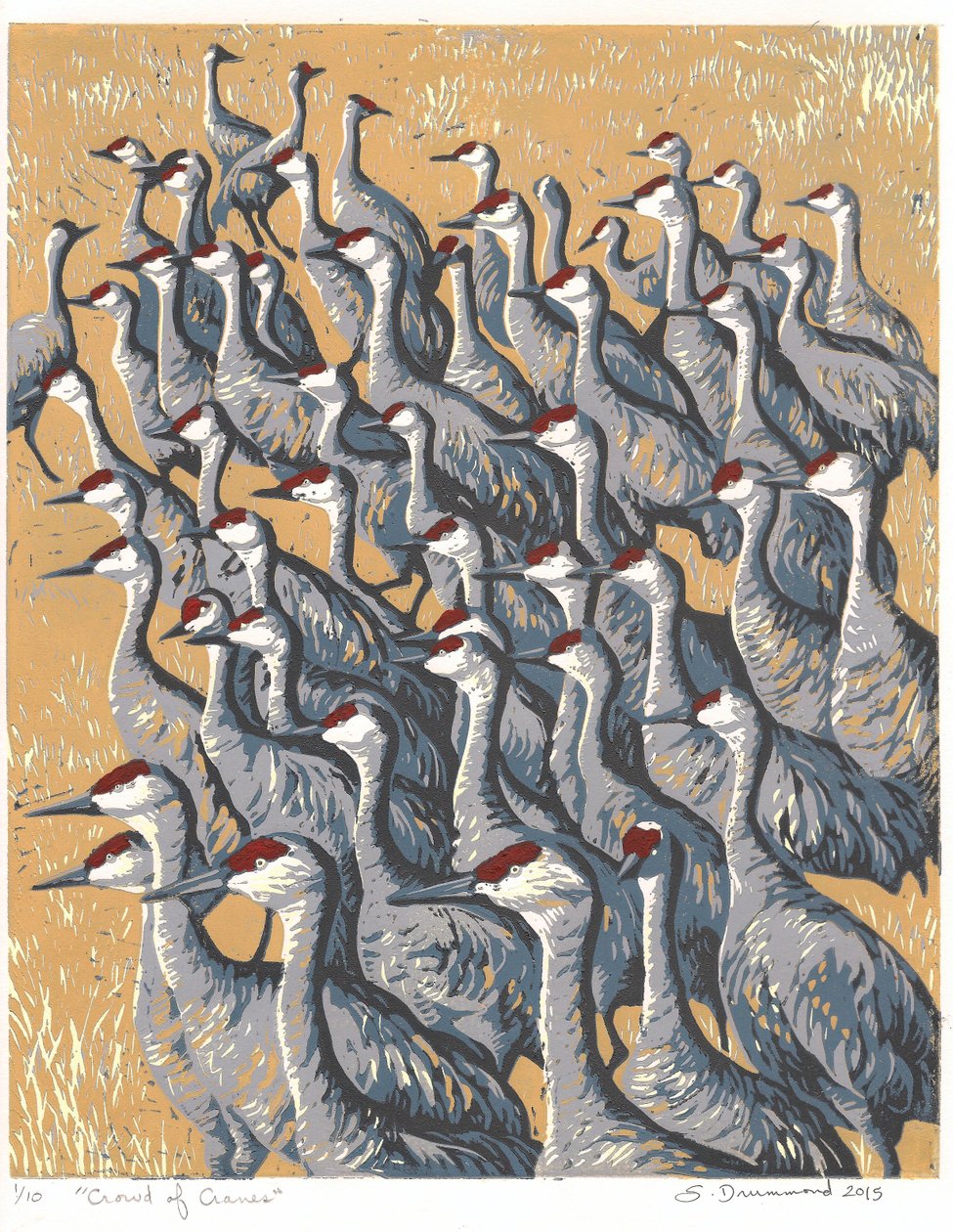 Foule de grues, 2015 (Linogravure) - Sarah Drummond