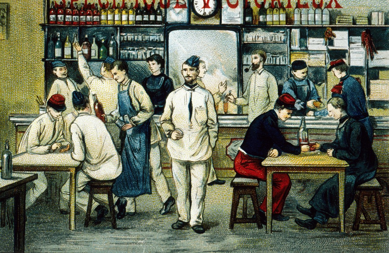 La cantine (gravure en couleur) - School French