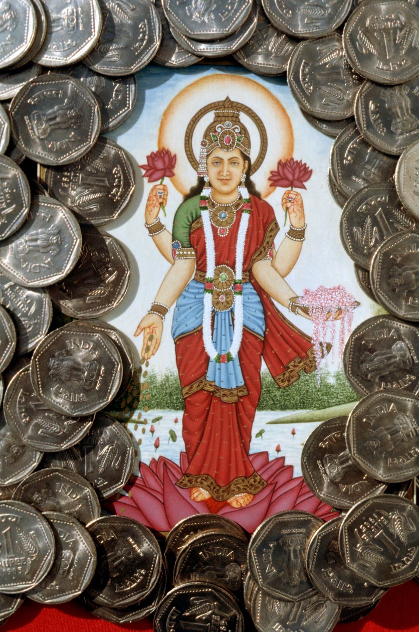 Déesse Lakshmi et pièces de monnaie d