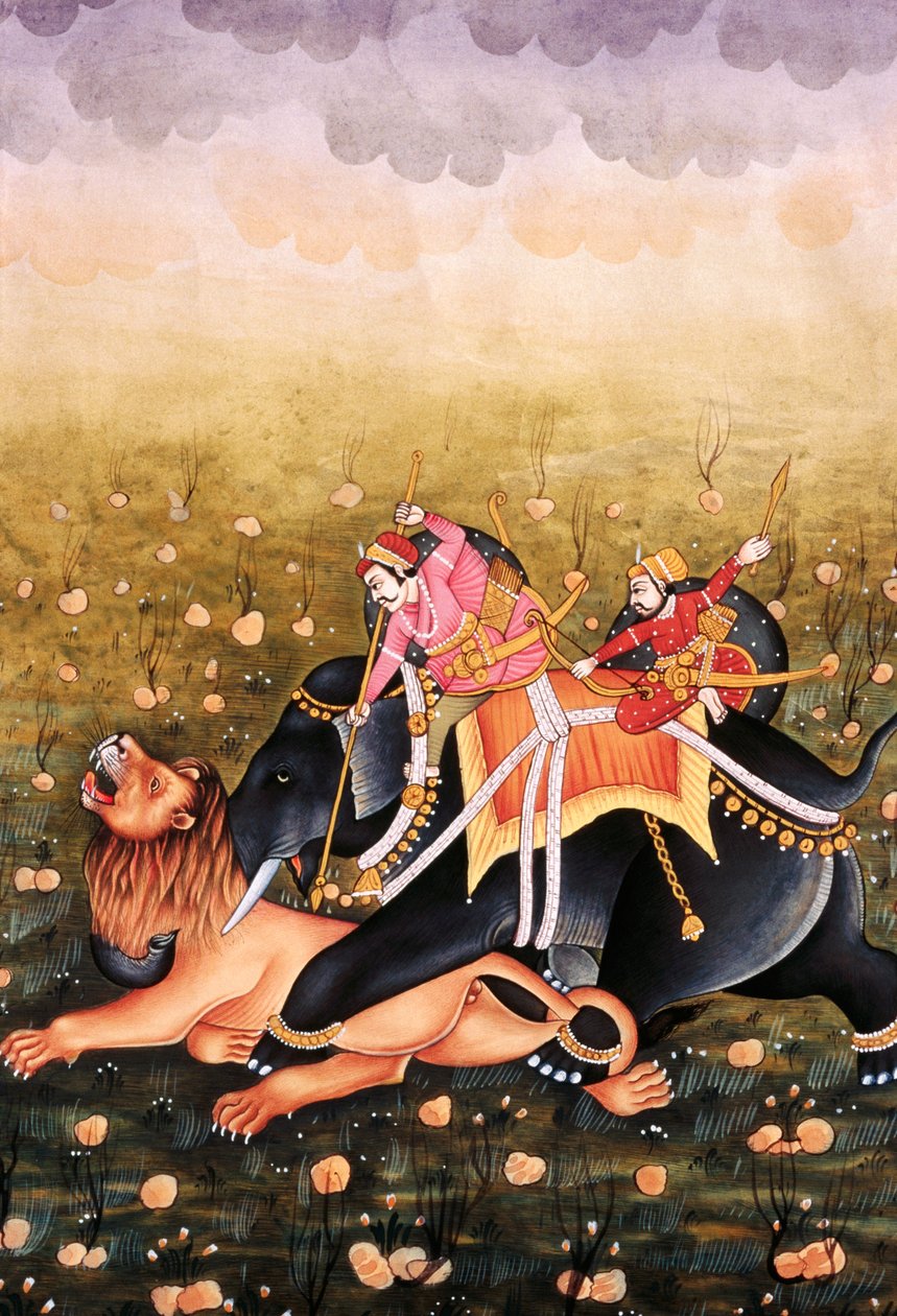 Peinture miniature sur papier, Roi moghol chassant - School Indian