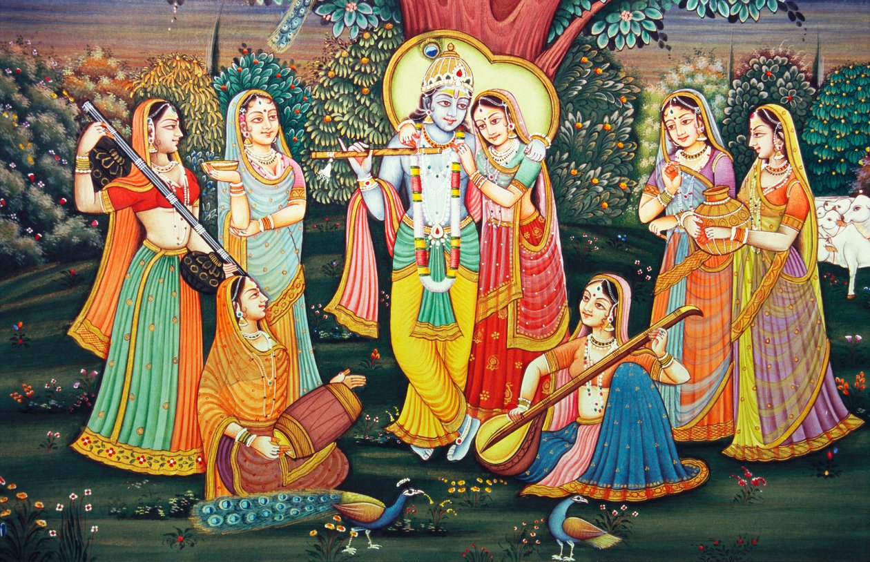 Radha Krishna avec Sakhis appréciant la musique - School Indian