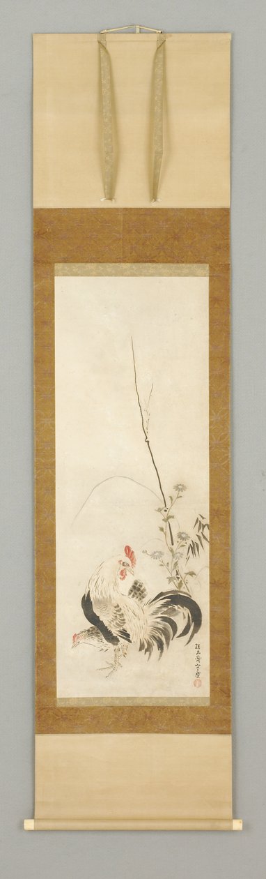 Kakemono, coq et poule avec des fleurs - Japanese School