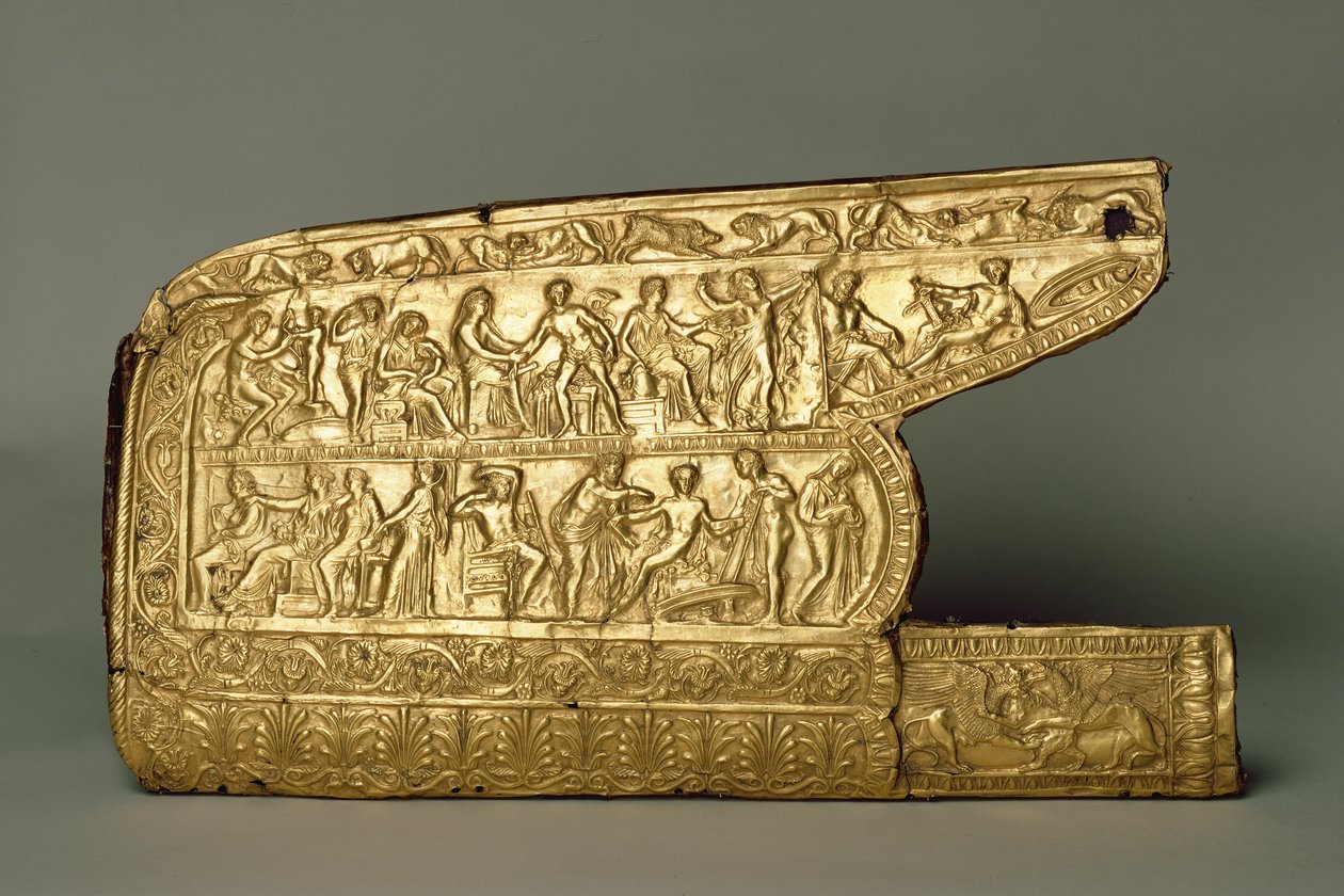 Montage de carquois pour arc et flèches, du tumulus funéraire de Chertomlyk, Steppe, IVe siècle av. J.-C. (or) - Scythian