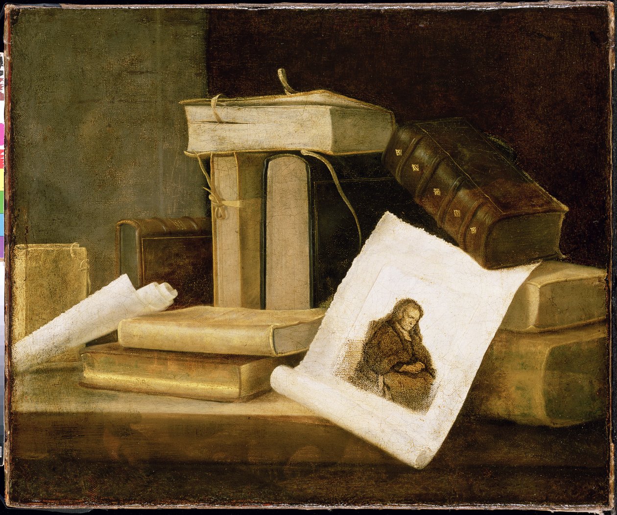 Nature morte de livres et une gravure de Rembrandt - Sebastian Stoskopff