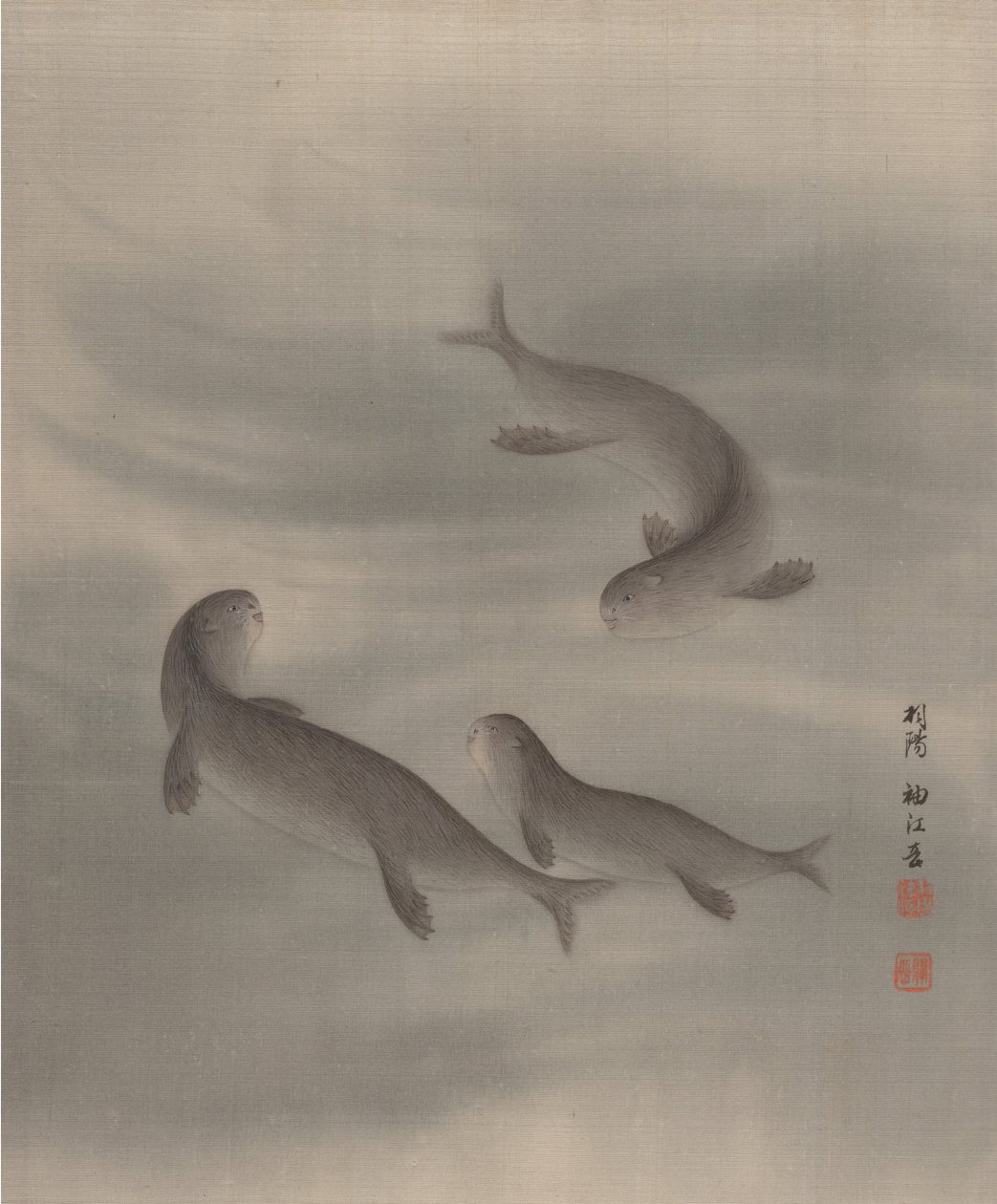 Loutres nageant, ca. 1890-92 - Seki Shuko