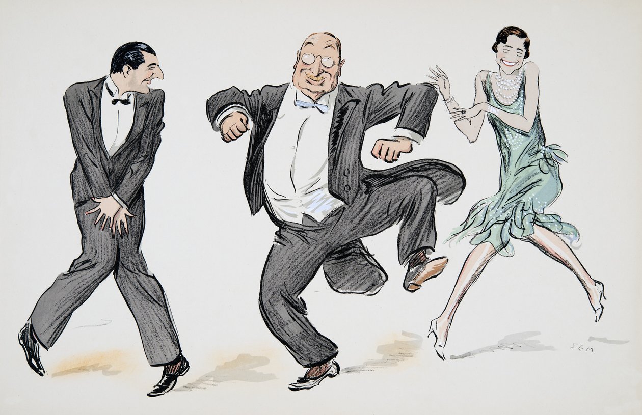 Un gentleman en cravate noire, un autre en cravate blanche et une femme en robe verte clair et perles dansent le Charleston, de White Bottoms, pub. 1927 - Sem
