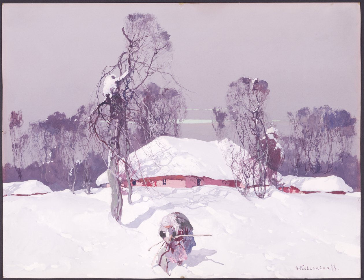 Vieille dame ramassant du bois dans la neige - Sergei Kolesnikoff