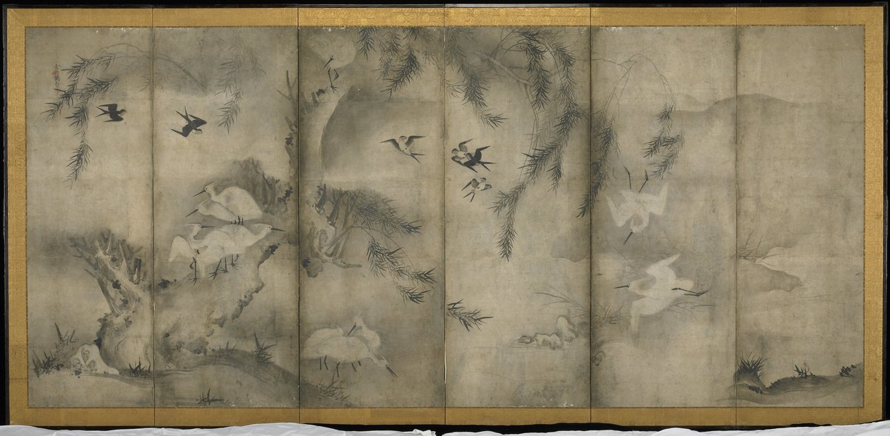 Saule, Hérons dans le prunier et le saule, paravent à six panneaux (encre sur papier) - Sesson Shkei