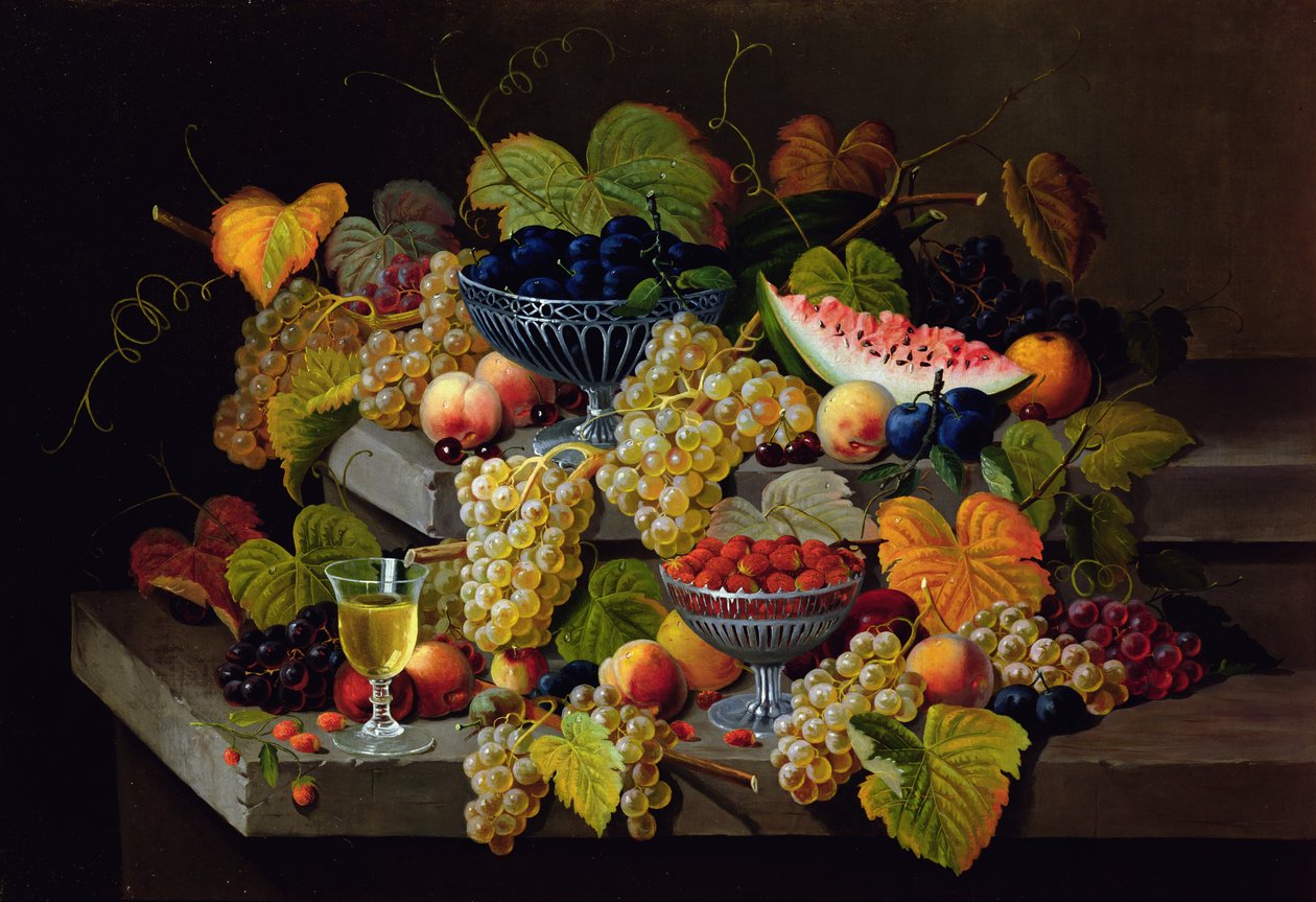 Nature morte de melon, prunes, raisins, pêches, cerises, fraises, etc. sur des rebords de pierre - Severin Roesen