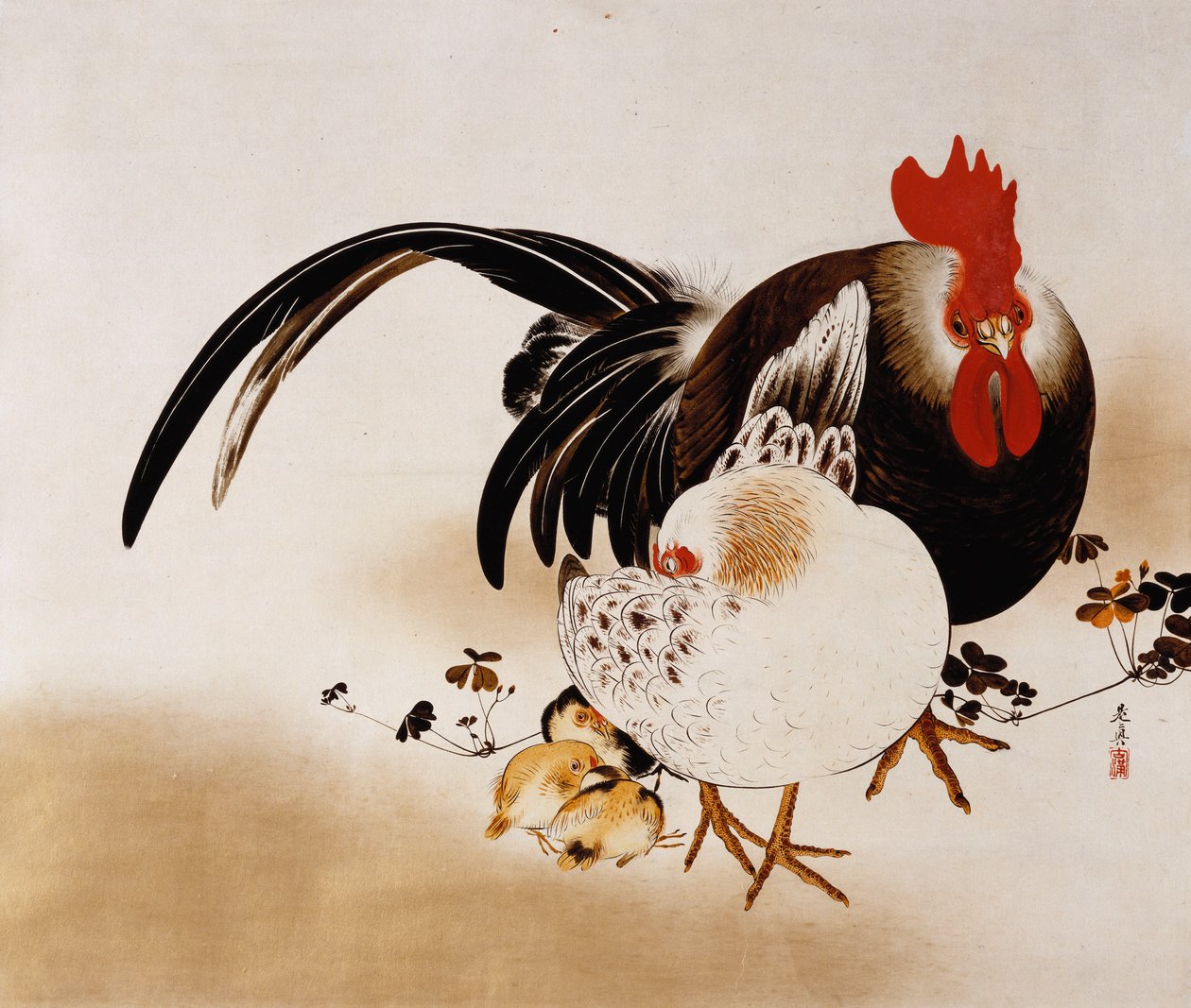 Coq, Poule et Poussins - Shibata Zeshin