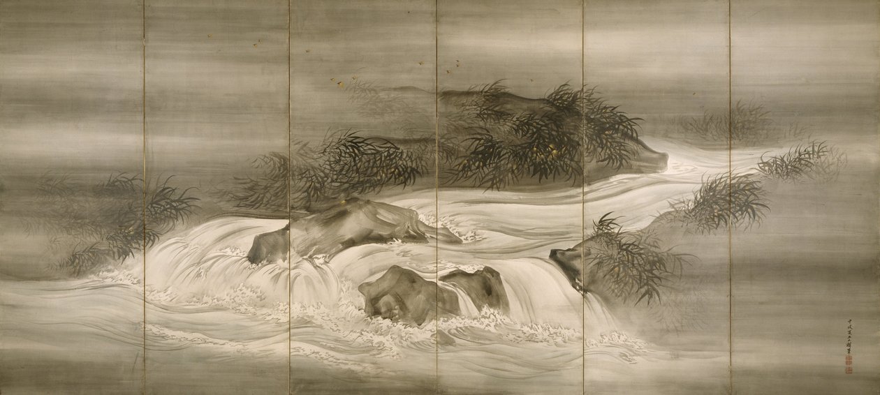 Paysage fluvial avec lucioles, 1874 - Shiokawa Bunrin