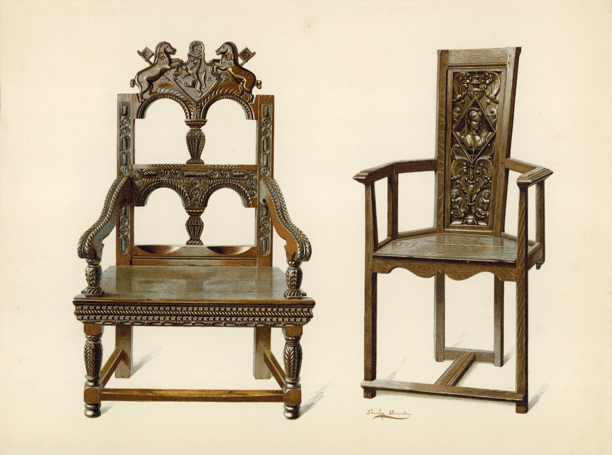 Chaise Cacqueteuse en chêne, propriété de Percy Macquoid; Chaise en if, propriété du duc de Leeds - Shirley Charles Llewellyn Slocombe