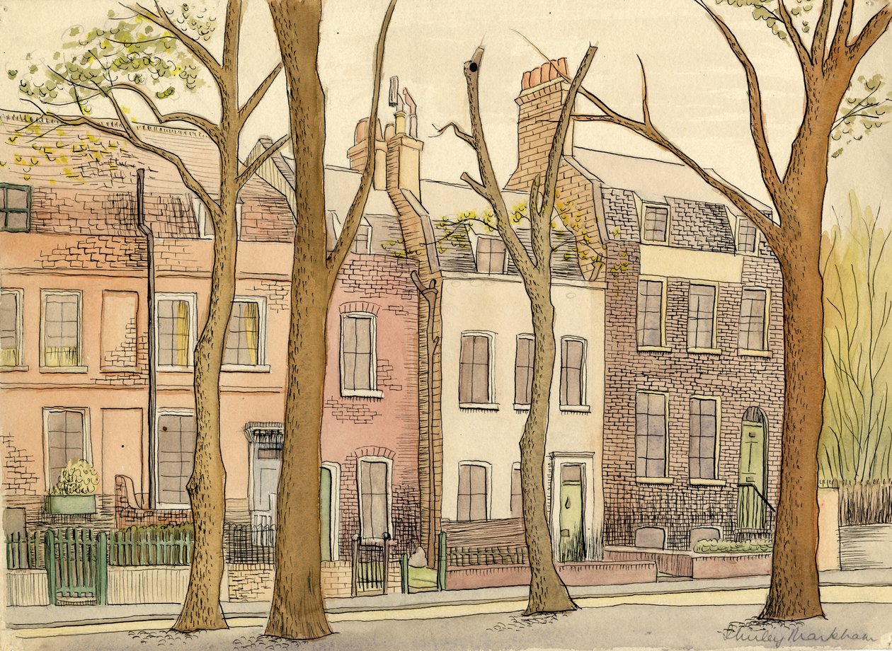 Scène de rue avec des arbres, vers 1950 - Shirley Markham