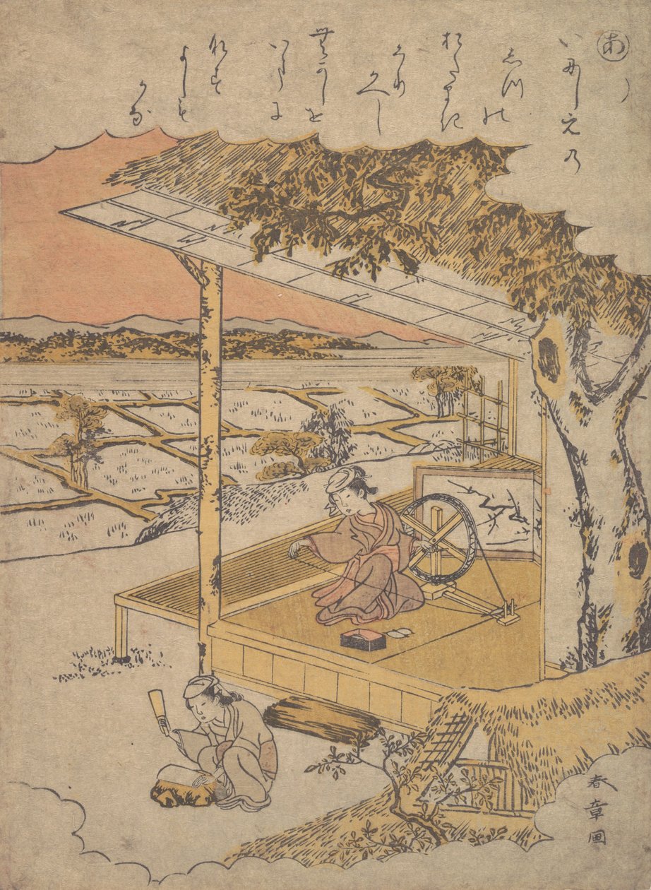 Femme sur la véranda, filant, 18e siècle - Shunsho