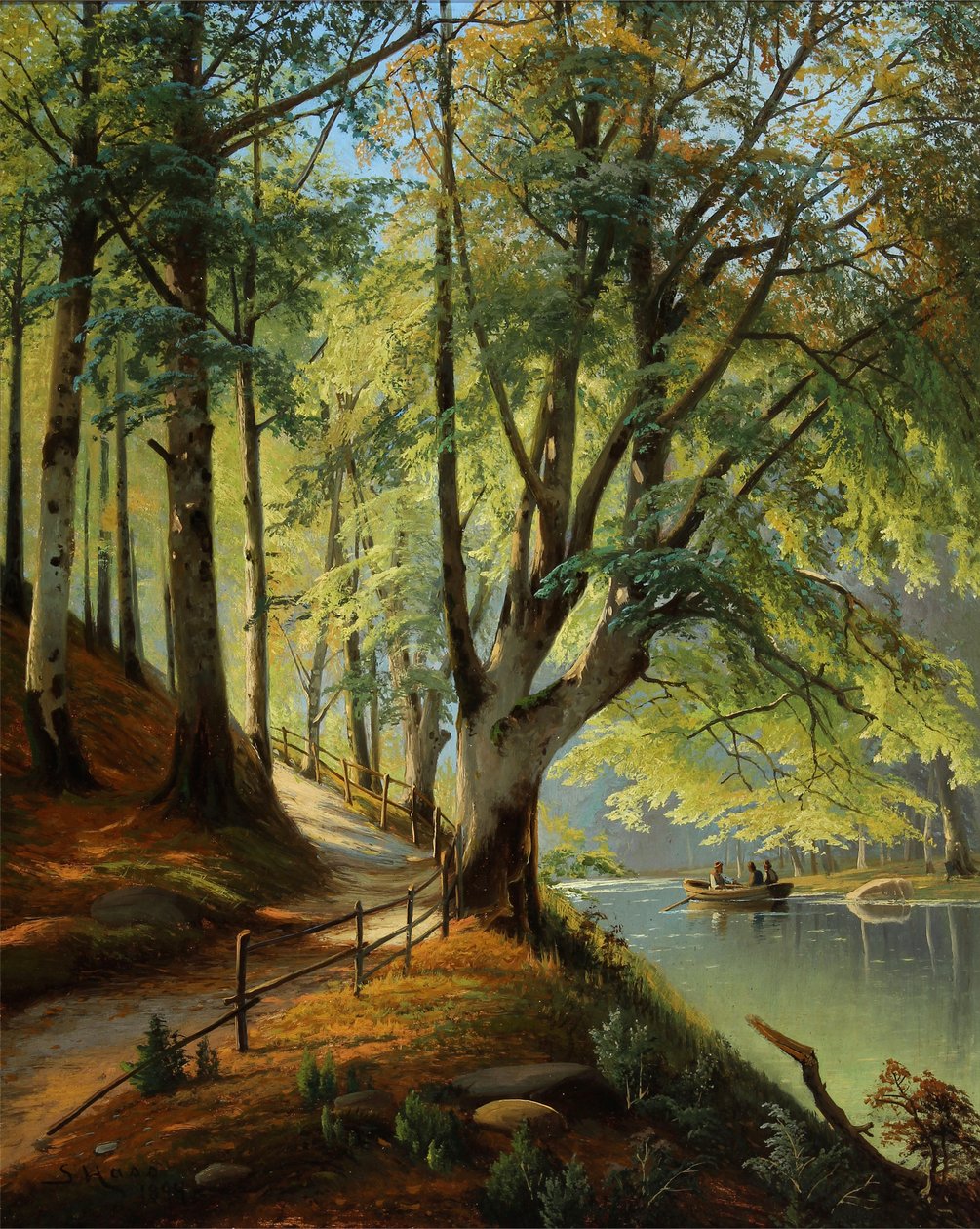 Paysage forestier avec jeunes feuilles de hêtre et personnes en barque - Siegfried Hass