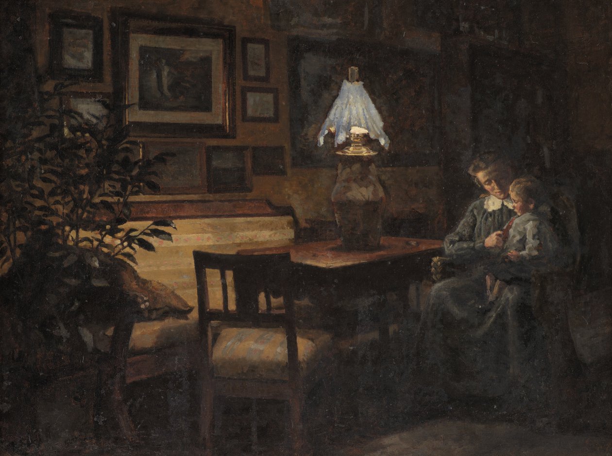Intérieur du soir. Mère et enfant - Sigurd Wandel