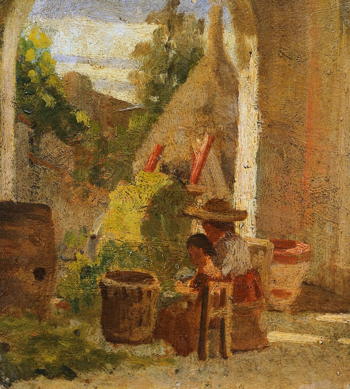 Loggia rustique, étude de campagne triptyque - Silvestro Lega