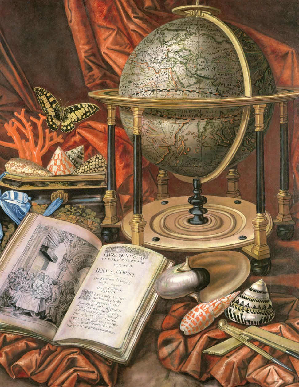 Nature morte avec un globe, des livres, des coquillages et des coraux - Simon Renard de Saint Andre