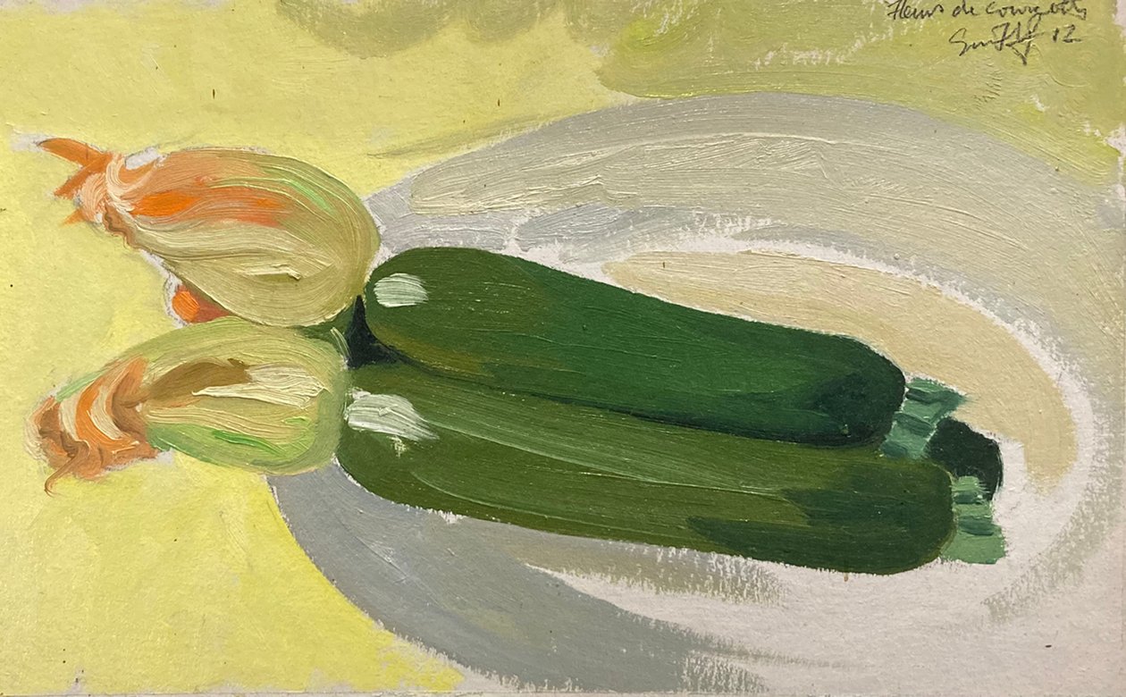 Deux courgettes (huile sur carton) - Simon Fletcher