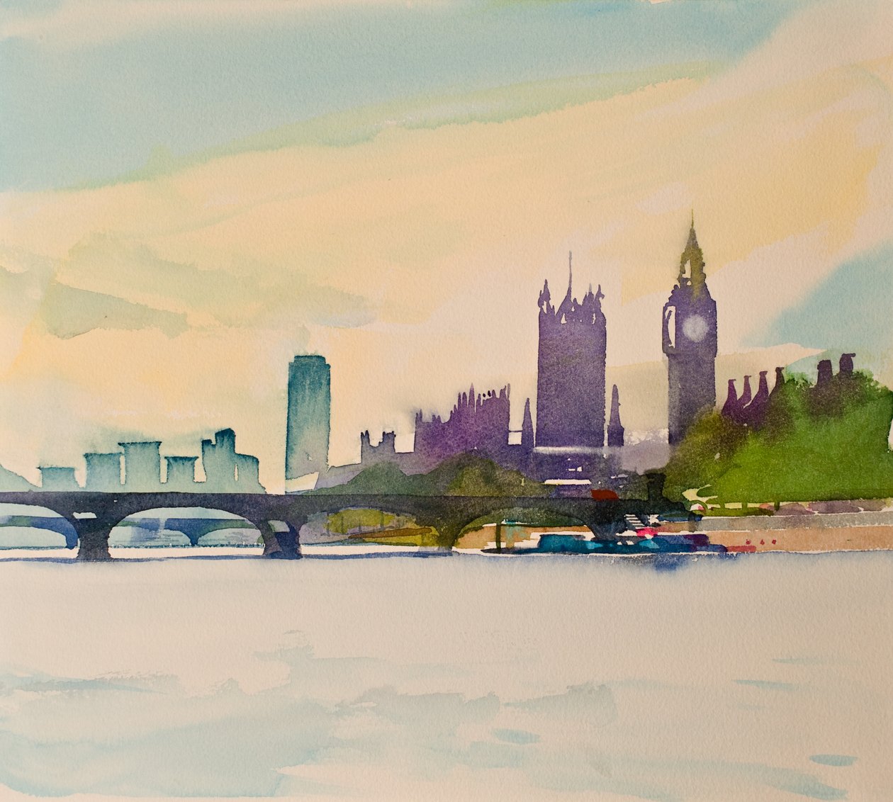 Westminster depuis la passerelle II, 2016 (aquarelle) - Simon Fletcher