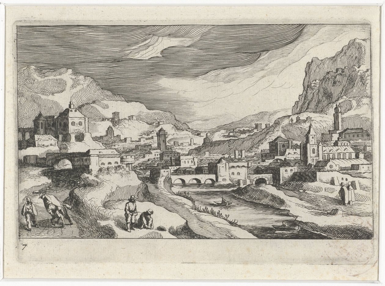 Vue de ville dans une vallée fluviale (Zuid-Europese landschappen, Topographia variarum regionum) - Simon Frisius