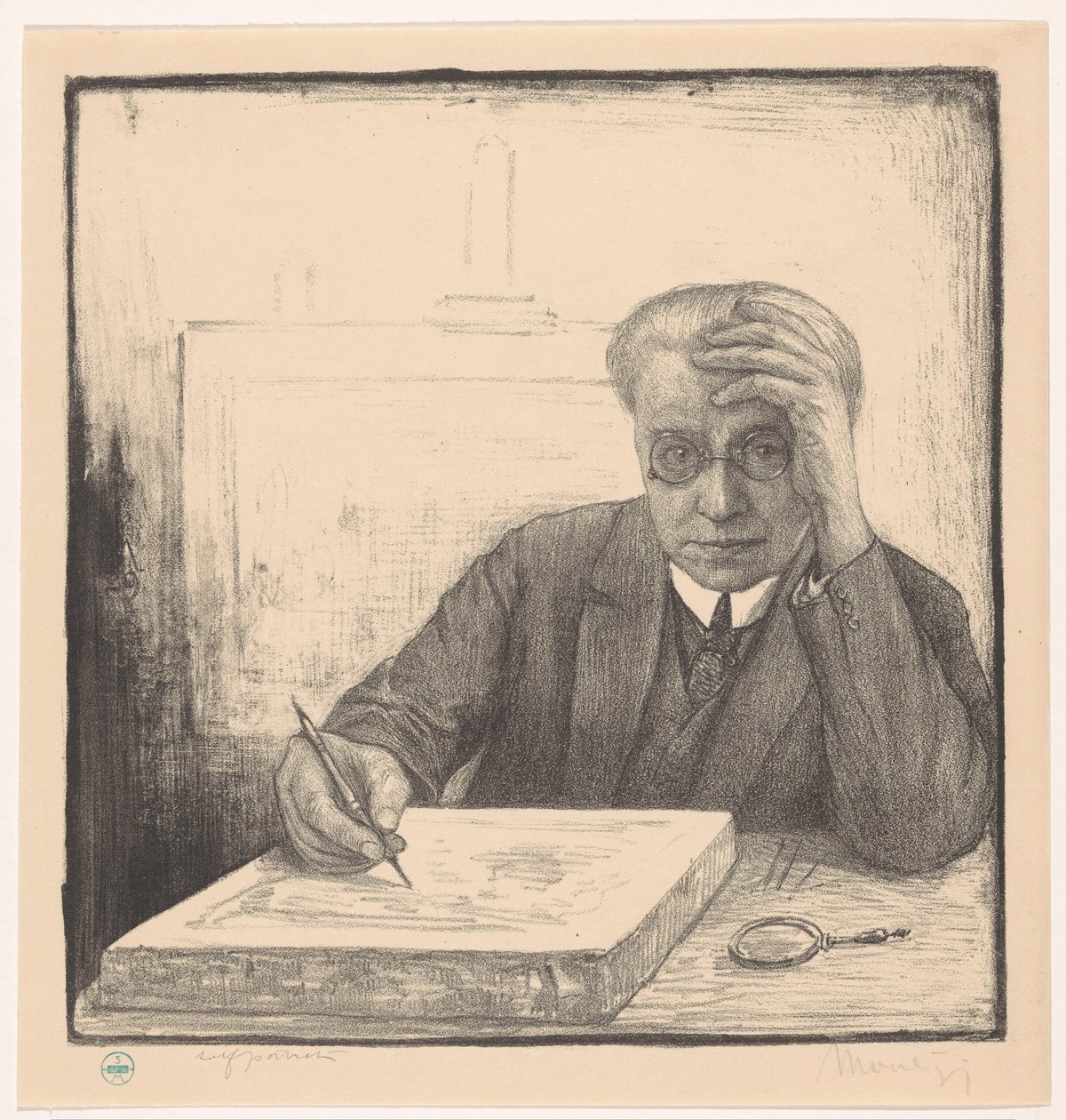 Autoportrait avec pierre lithographique - Simon Moulijn (signed by artist)