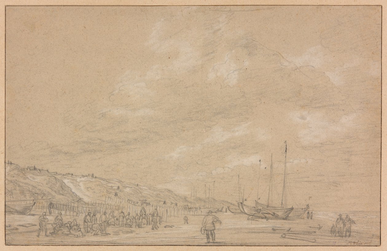 Pêcheurs séchant leurs filets sur la plage de Scheveningen - Simon de Vlieger