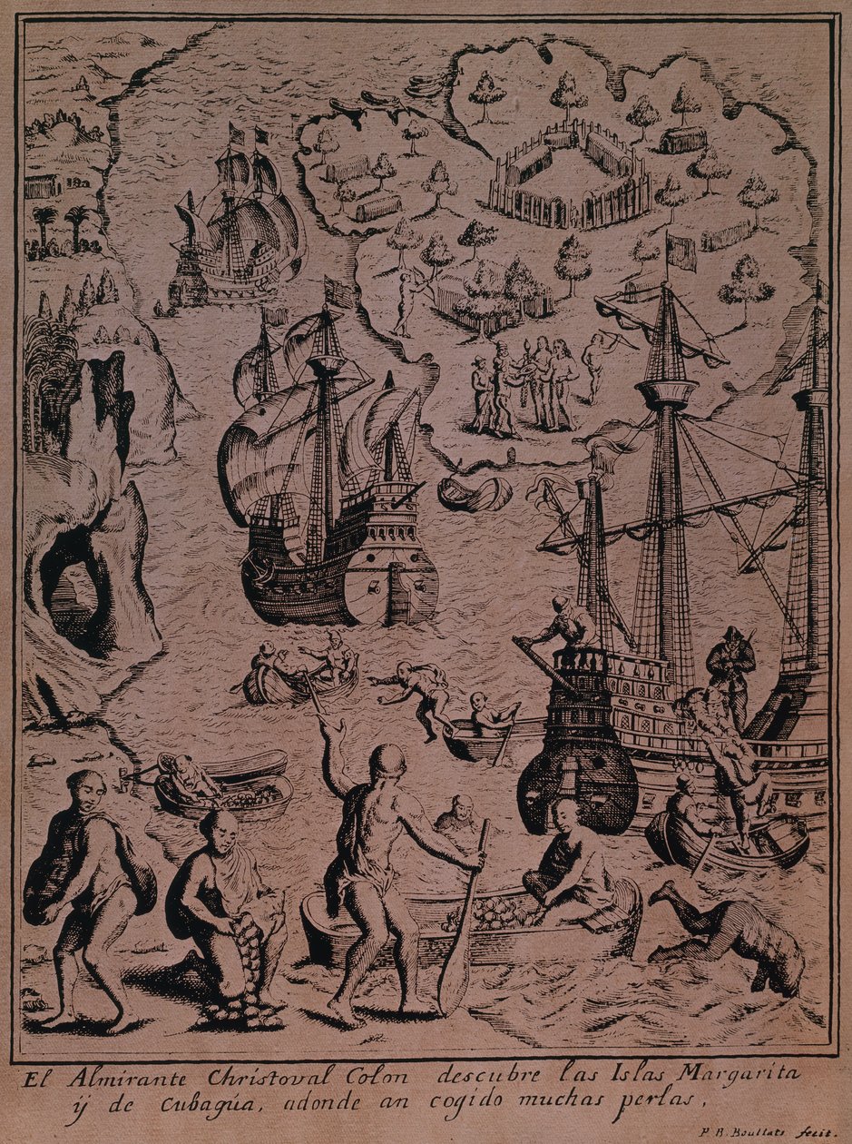 Christophe Colomb découvrant les îles de Margarita et Cubagua où ils ont trouvé de nombreuses perles - Spanish School