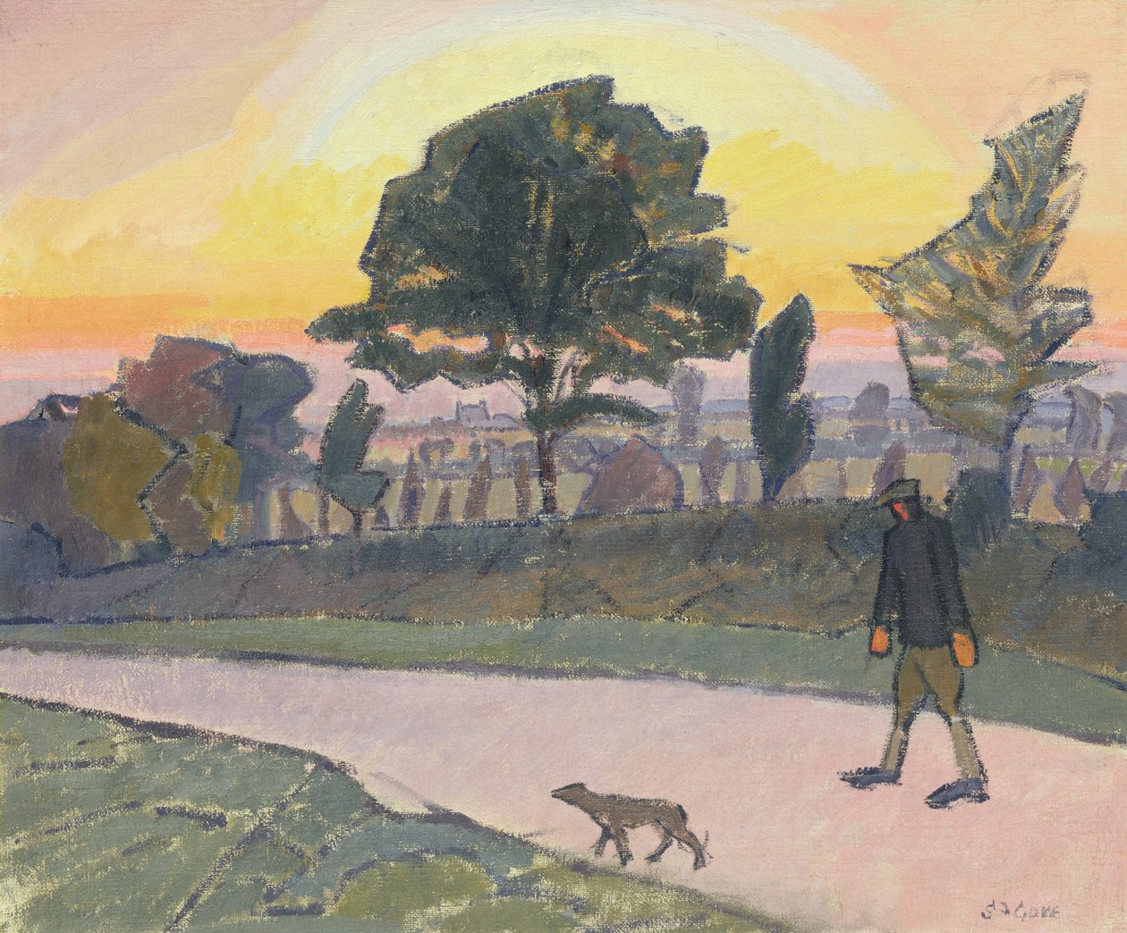 Coucher de soleil, Letchworth, avec homme et chien, 1912 - Spencer Frederick Gore