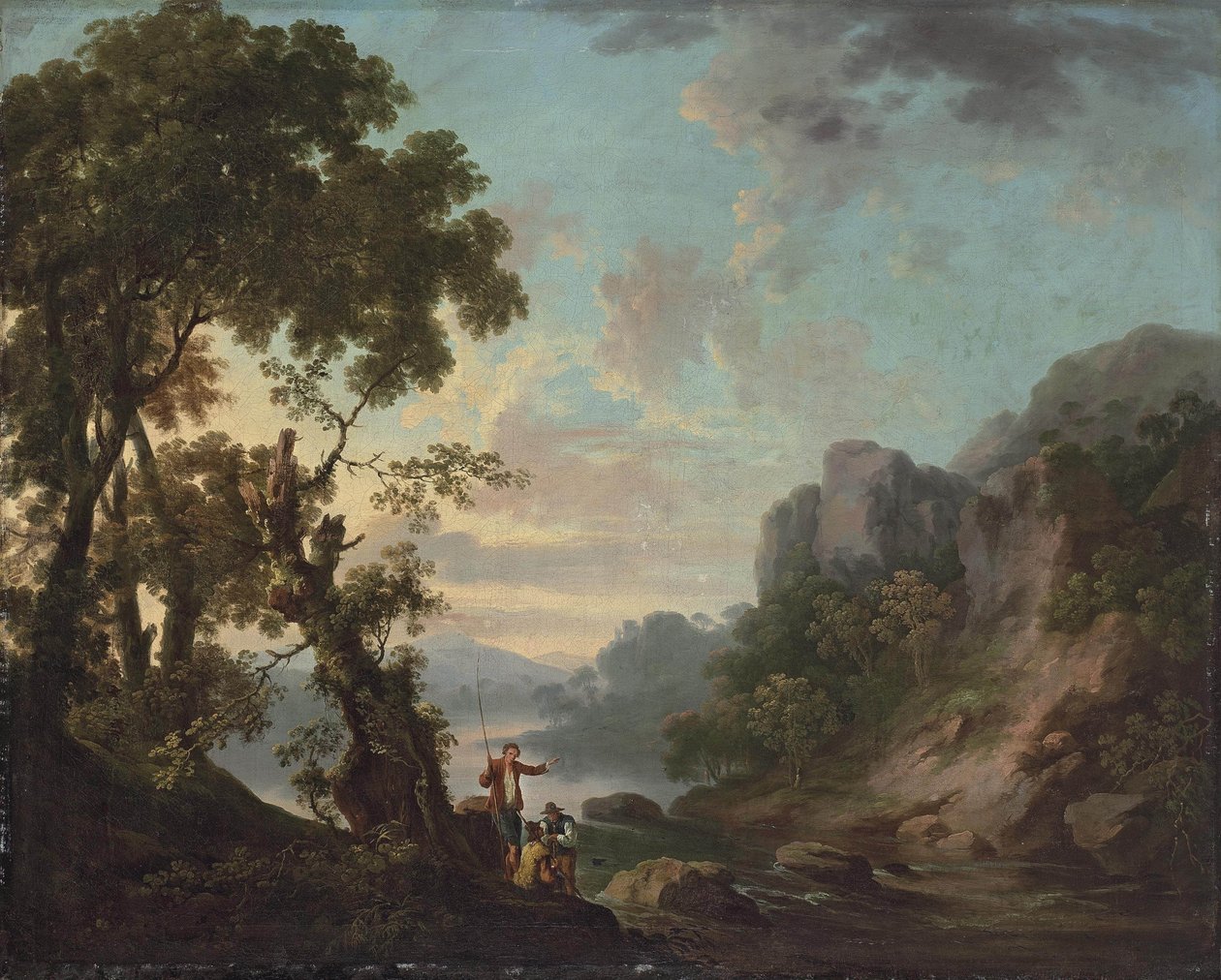 Paysage boisé avec un lac, pêcheurs au premier plan - George the Elder Barret