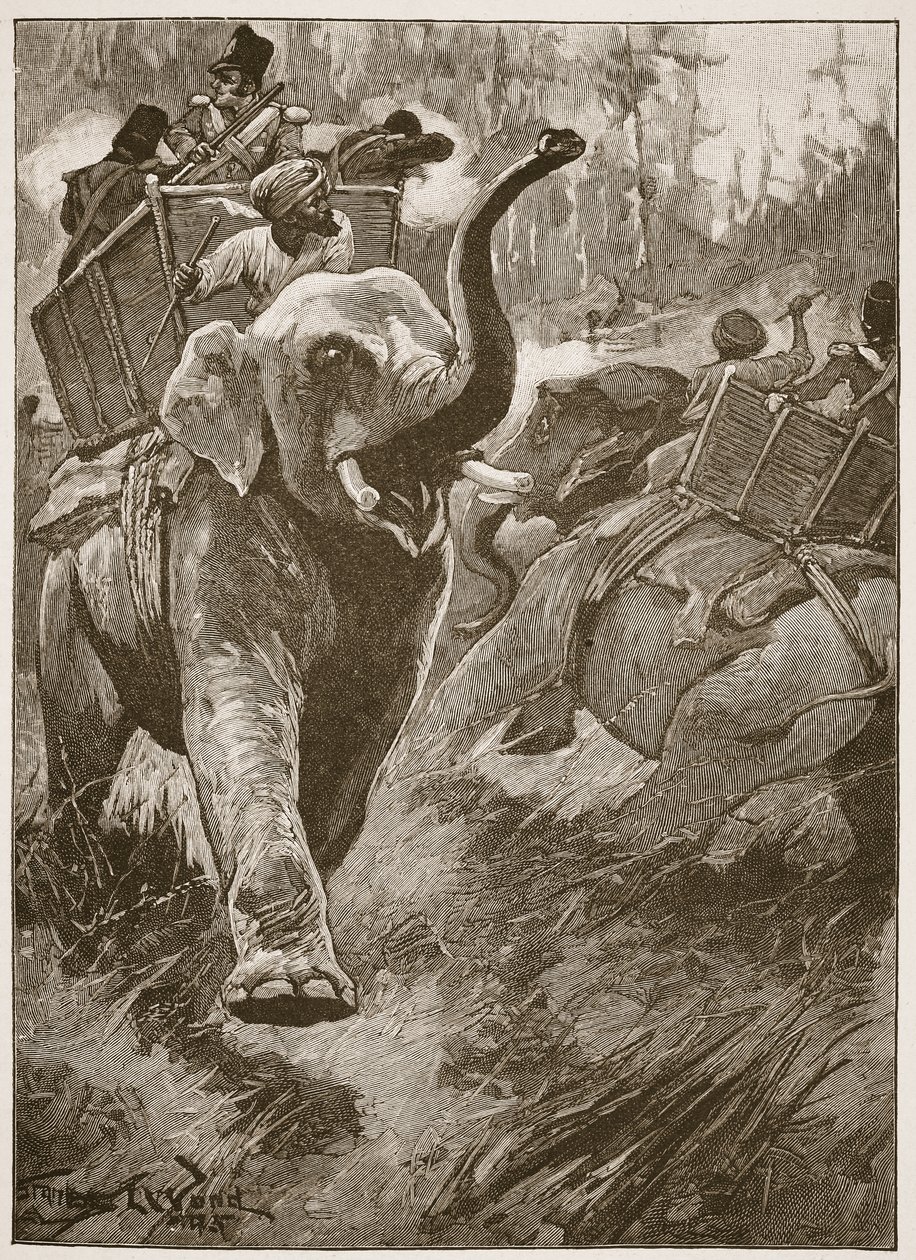 Les éléphants effrayés se sont précipités en arrière en traversant la forêt, illustration de 